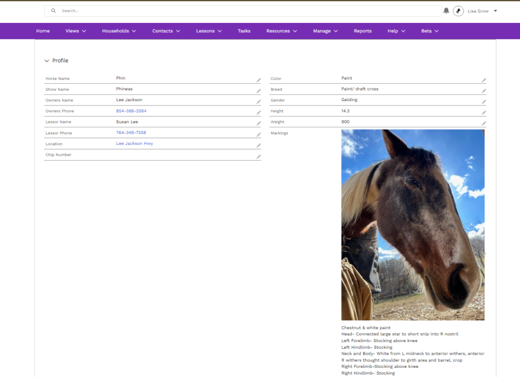 Horse records software showing a horse profile with owner, breed, and health details plus an uploaded photo on the digital record
