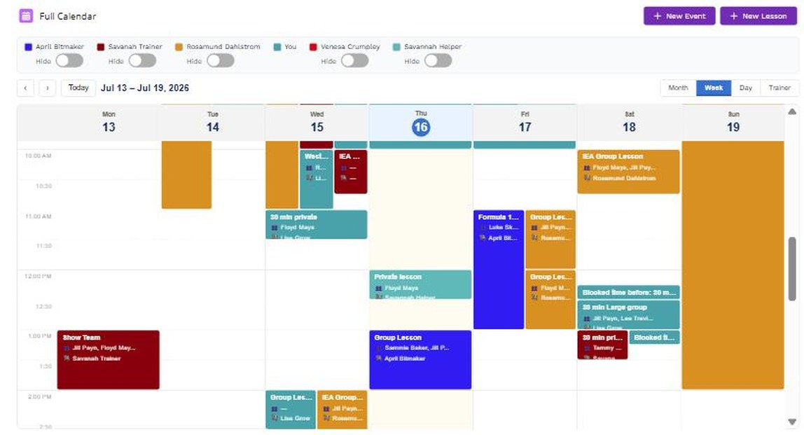 Riding school software lesson calendar showing group and private lessons across multiple trainers