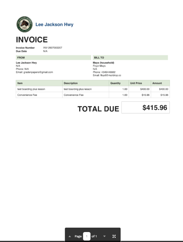 Show expense billing invoice with show-day services and fees added as line items on the horse owner's monthly invoice