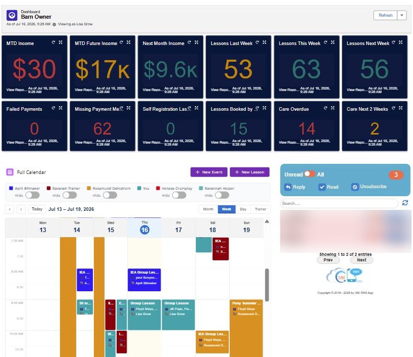 Stables Systems vs Stables.co: the Stables Systems barn owner dashboard with income, lessons, and care KPIs
